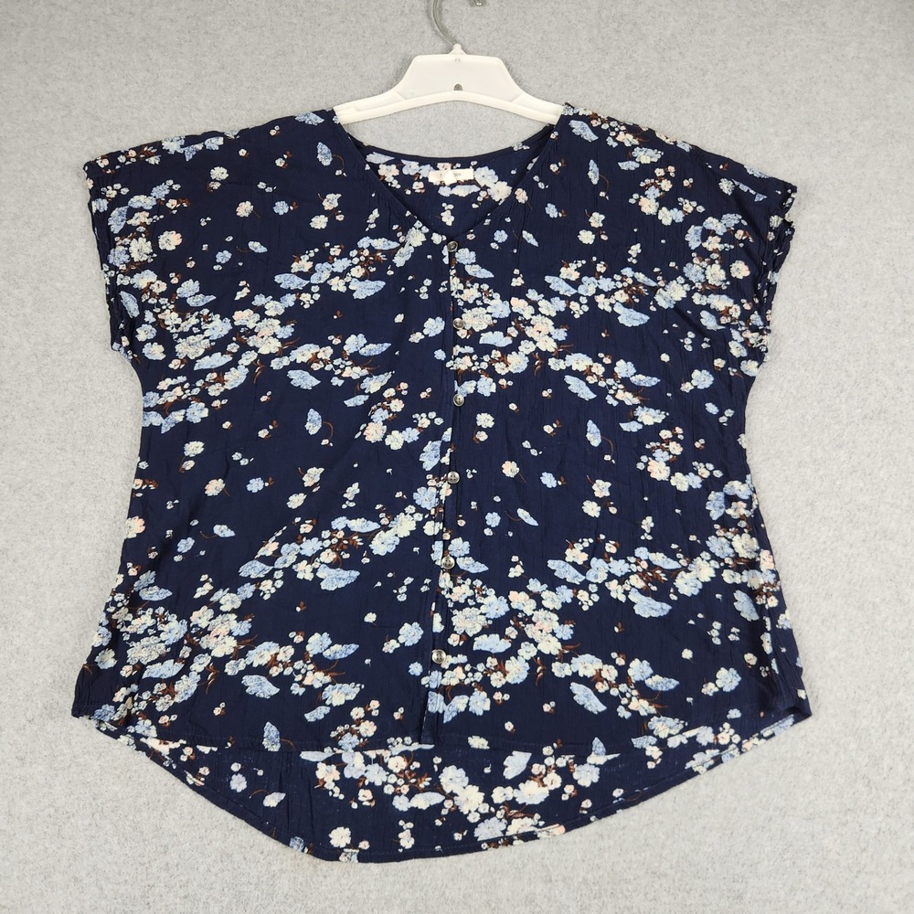 Maurices Blouse Womens L Navy Blue Floral Short Sleeve Boho Button Down V-Neck